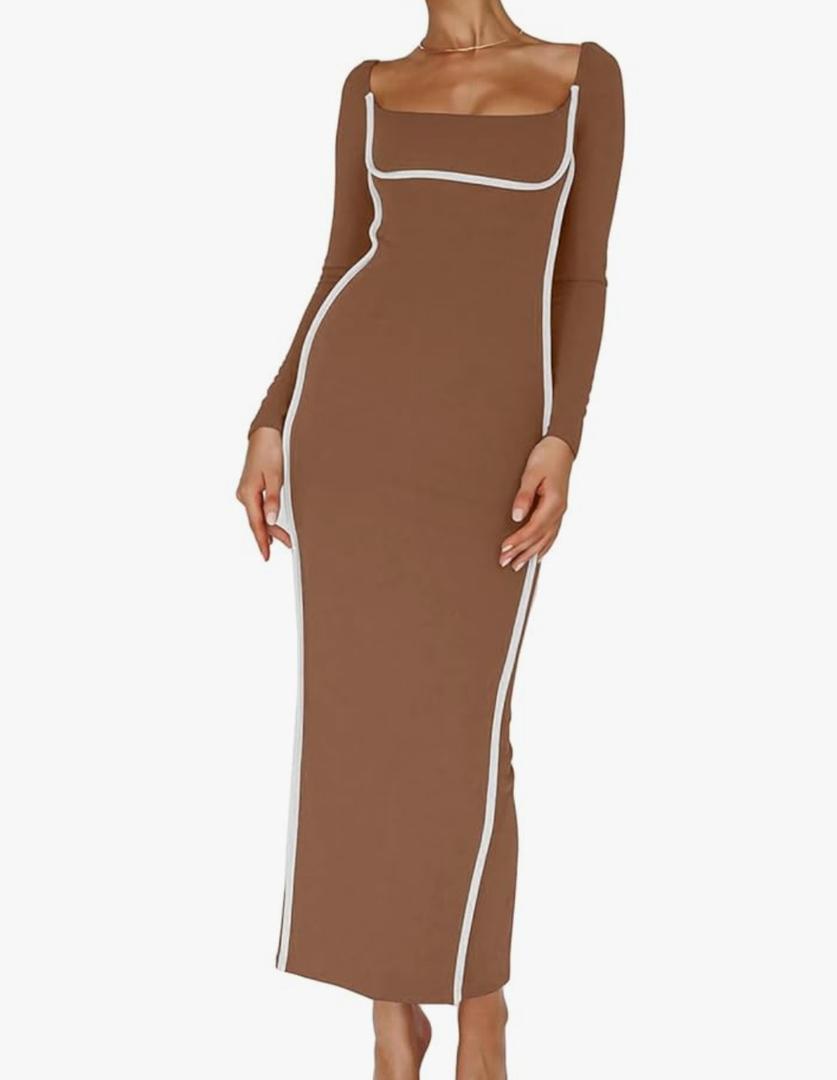 Womens Sexy Long Slevee Square Neck Colorblock Bodycon Split Slim Fit Party Clubwear Dress, L