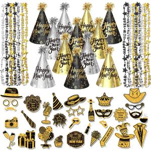 2026 New Years Eve Party Hats Kit - Happy New Years Paper Hats Eve Party Supplies for Adults Celebration Decoration (Black Gold Silver Hat)
