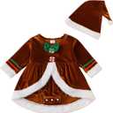 Newborn Baby Girl Christmas Outfit Santa Dress Ruffle Long Sleeve Velvet Romper Dresses Xmas Clothes With Hat (Brown)