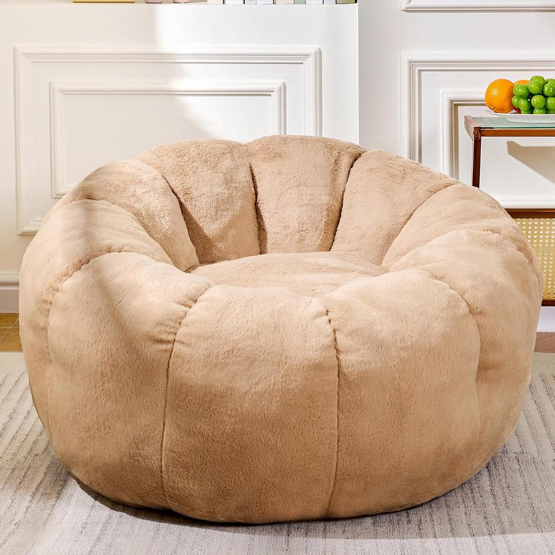 Cozy Faux Fur Floor Chair, Pre-Filled Memory Foam Bean Bag for Teens and Petite Adults, Compact Accent Seating for Reading Nook and Bedroom Decor, Khaki, Large