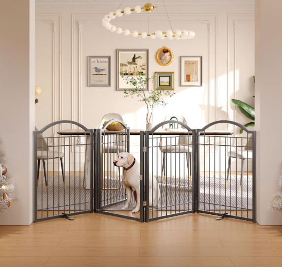 BHG Metal No-Assembly Freestanding Dog Gate with Door Walk Through, Extra Wide 96", Extra Tall 32" Pet Gate, Accordion Puppy Folding Playpen Dog Fence, with 2PCS Support (Black, 4 Panels)