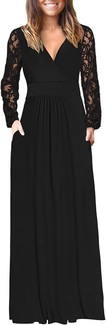 AUSELILY Womens Long Sleeve Maxi Dress 2026 Fall Lace Long Sleeve Dress V Neck Wrap Waist Long Dresses with Pockets (Large, Black)