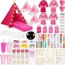 4 Set Sleepovers Teepee Tents Spa Slumber Party Robes Supplies Bulk with Inflatable Airbed and Light String, Birthday Favors Gift Indoor Outdoor (Complete,3 Pink 1 Rose Red)