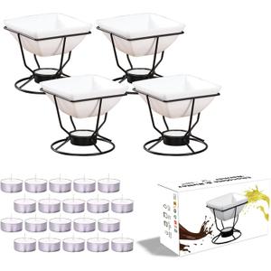 Luvan 7oz Butter Warmers for Seafood with 20 Tealight,4Pcs Ceramic Butter Warmers Set for Chocolate Butter Cheese,Ceramic Bowl Oven Microware Dishwasher Safe,Perfect for family dip Fruit,Dessert,Snack (Square)
