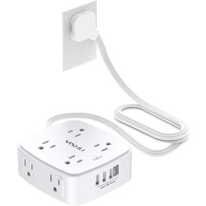 6 Ft Surge Protector Power Strip - YISHU 8 Widely Outlets with 4 USB Ports, 3 Side Outlet Extender with 6 Feet Flat Extension Cord, Ultra Flat Plug, Wall Mount, Desk USB Charging Station, ETL, White