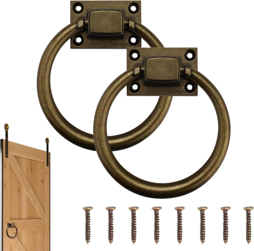 2 Pieces Round Sliding Barn Door Handles Ring, 3.8 in Antique Brass Drop Ring Drawer Pulls, Zinc Alloy Cupboard Gate Handle Knob for Garage Kitchen Outdoor Furniture Farmhouse Hardware (2Pcs)