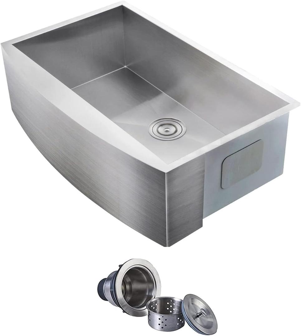Comllen Commercial 33 Inch 304 Stainless Steel Farmhouse Sink, Single Bowl Kitchen Sinks 16 Gauge 9 Inch Deep Handmade Undermount Farm Apron Front Kitchen Sink (Brushed Nickel)