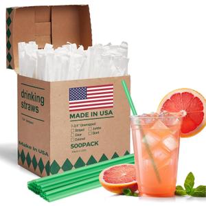 Glotoch Express 500 PCS Individually Wrapped Green Plastic Straws, 7.75'' Long, 0.24'' Diameter Disposable Drinking Straws for Every Occasion, Party, Made in USA