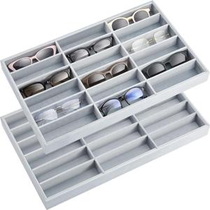 Amylove 2 Pcs Sunglass Organizer Trays Glasses Stackable Jewelry Trays Sunglass Organizer Display Box(18 Grids,Gray)