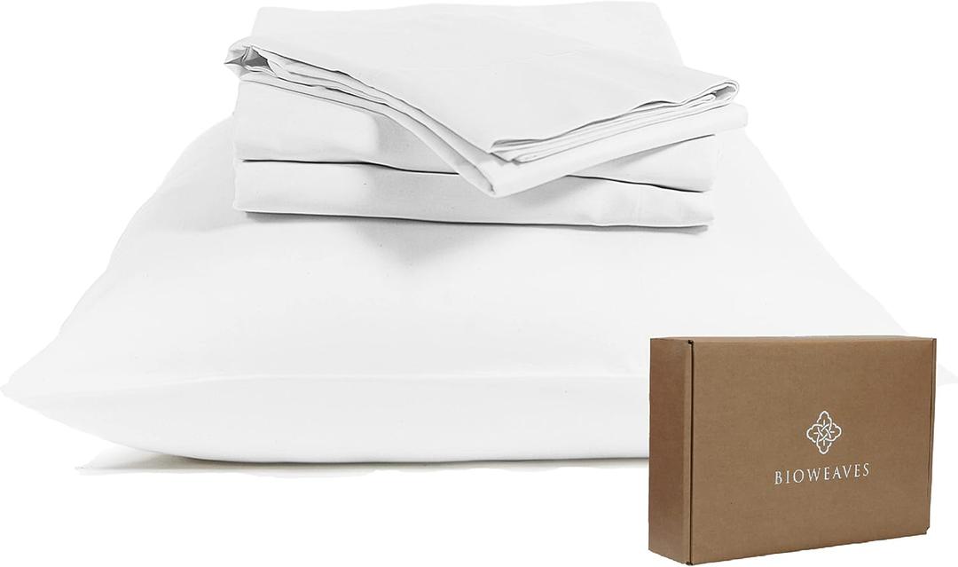 BIOWEAVES 100% Organic Cotton Sheets, 300 Thread Count 4-Piece GOTS Certified Bed Sheet Set Fits Mattress Upto 17" Deep Pocket, Soft & Silky Sateen Weave (Queen, White)