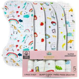 Blessique Baby Burp Cloths 5 Pieces 100% Cotton Muslin Soft Absorbent Burping Cloth for Baby Boy Babygirl, Baby Towels, Baby Girl Newborn Essentials, Paos para Eructos De Beb