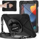 BRAECNstock for Apple iPad 9th/8th/7th Generation Case 10.2" 2021/2020/2019 Shockproof Protective iPad 10.2 inch Case with Screen Protector, Rotating Stand+Hand Strap, Shoulder Strap, Black