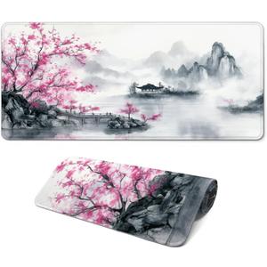 Gaming Mouse Pad, Large 31.5 x 11.8 inches Mousepad, Long Keyboard Pad, Cute Mouse Mat for Computer with Stitched Edges and Non-Slip Base (Pink Cherry Blossoms)