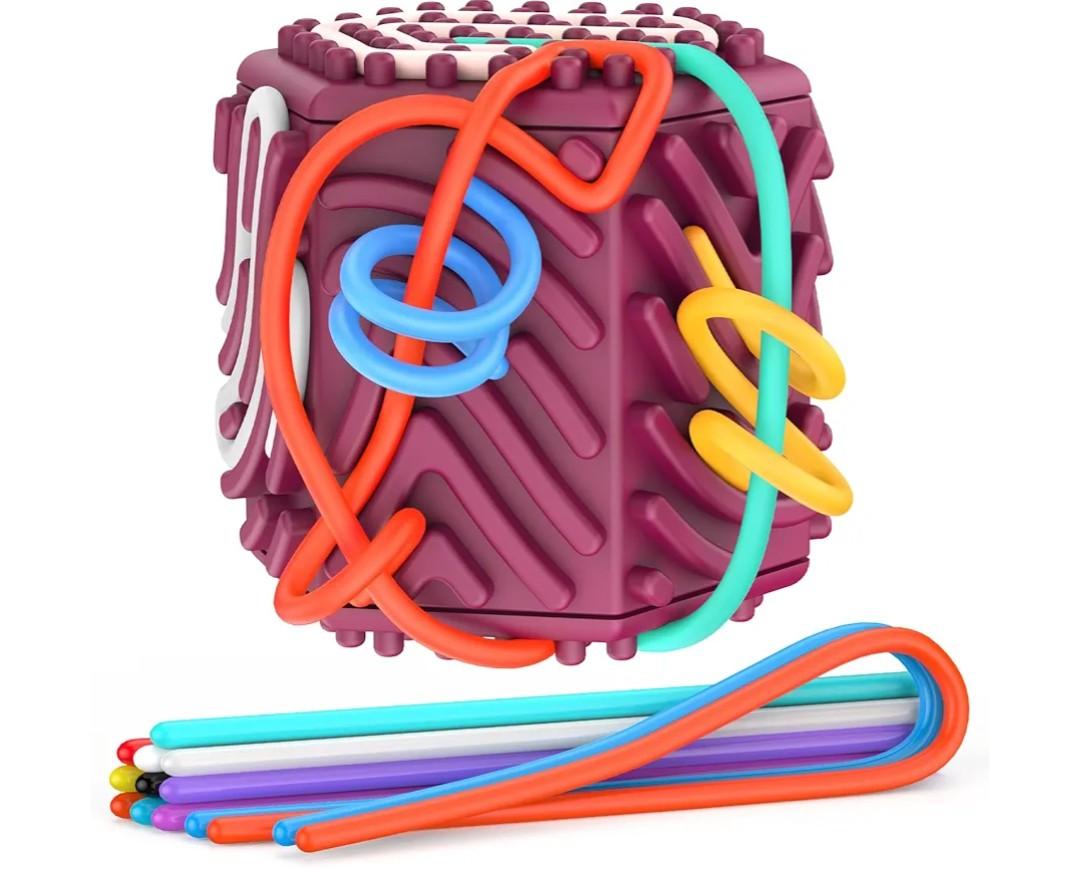 3D Sensory Activity Board,Silicone Cube Fidget Toy for Anxiety,Calming,ADHD,Stress & Autism Fidget Board,Quiet Fidget Toys,Sensory Boards for Kids 3+ & Adults,with 10 Strings(Octahedral，Purple)