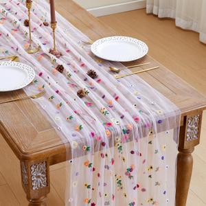JIALE 3 Pack Pink Floral Table Runner, Embroidery Daisy Seasonal Table Decorations, 120Inch 10FT Tulle Fabric for Home Decor, Bridal Shower Wedding, Baby Shower Parties, DIY Craft