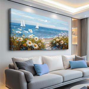 PHAOHUAXM Home Decor Printing Canvas Picture Blue Ocean Landscape Painting Wall Art For Living Room Farmhouse Dinin Mural White Flowers Bedroom Office Wall Decoration Artwork Easy To Hang 20x40 In