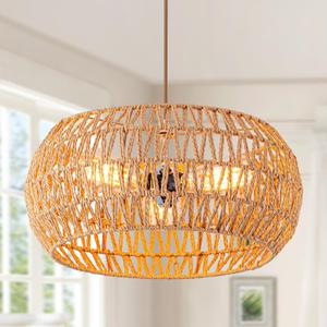 Rattan Light Fixture Dinning Room Pendant Light Boho Chandelier Hanging Light Ceiling Mount Hand Woven Lamp Shade 3-light Drum Chandelier Basket Light for Bedroom Hallway Kitchen Island Light Fixture, 15.7 inches
