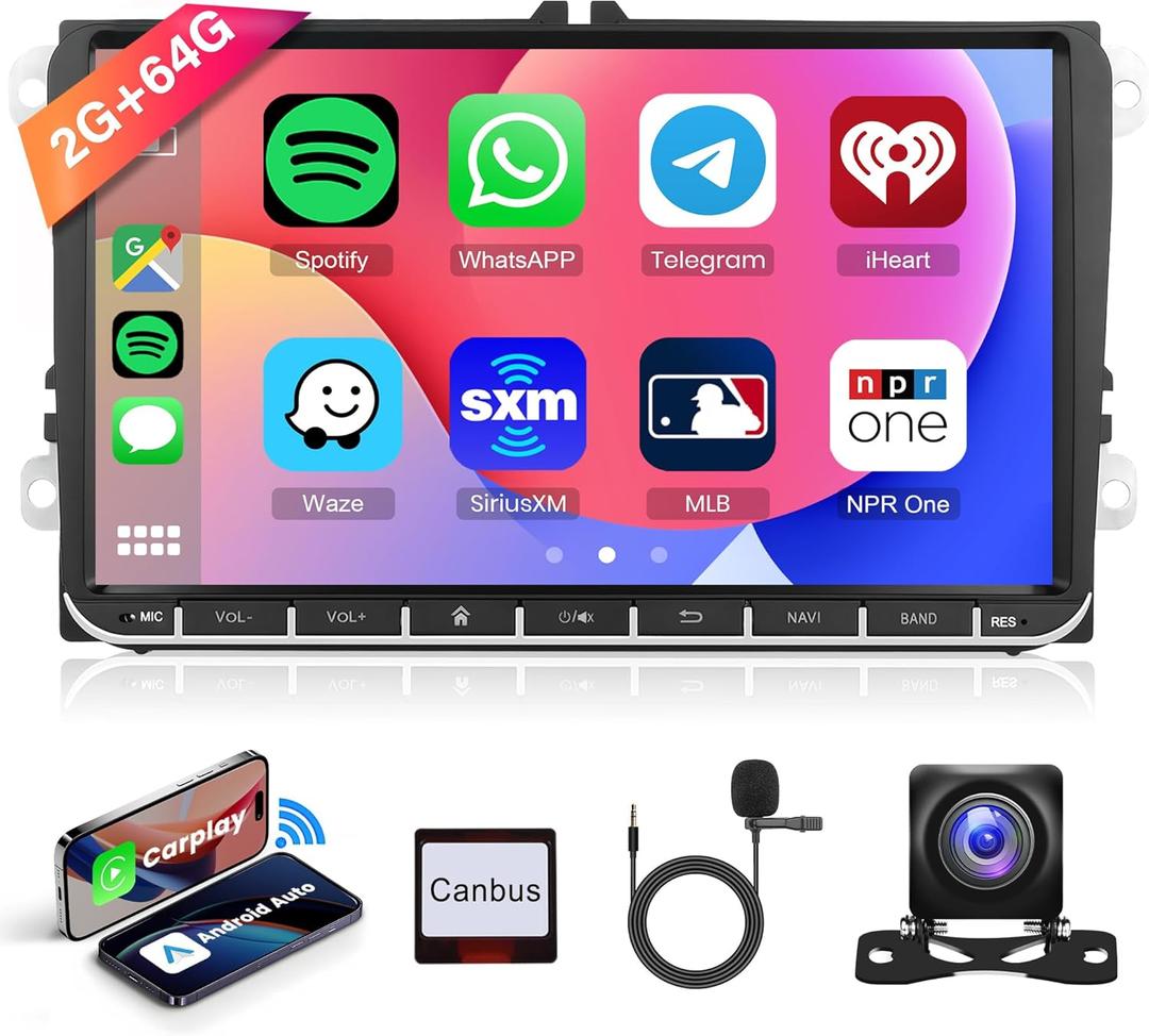 2G+64G Carplay Car Radio for VW Passat Jetta Tiguan Golf MK5 MK6 T5 EOS Polo, Rimoody Android 13 Car Stereo HiFi 9 Inch Touchscreen Android Auto GPS Navigation WiFi Bluetooth FM SWC Backup Camera