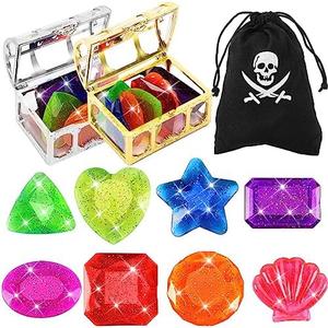 MARFOREVER 18 Pcs Big Diving Gem Pool Toys - 16 Colorful Sinking Diving Gems Underwater Crystals Swim Pool Toys with 2 Treasure Chest Pirate Boxes Acrylic Gemstones Set for Summer Party Favors