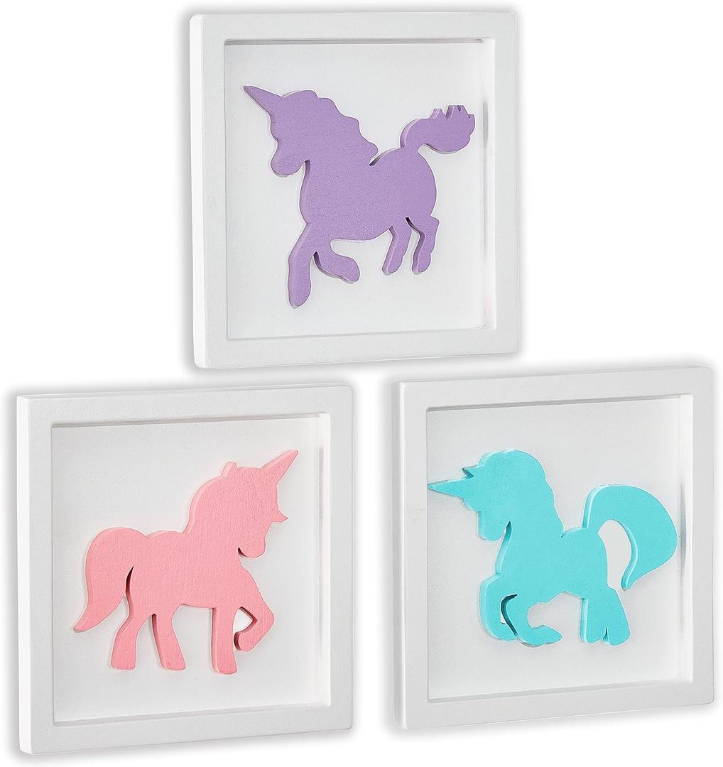 Unicorns Room Decor for Girls Bedroom, 3D Unicorns Wooden Framed Set of 3 Wall Decor, Bathroom Accessories, Purple Aqua Pink Hanging Wall Art, Unicorns Gifts for Girls