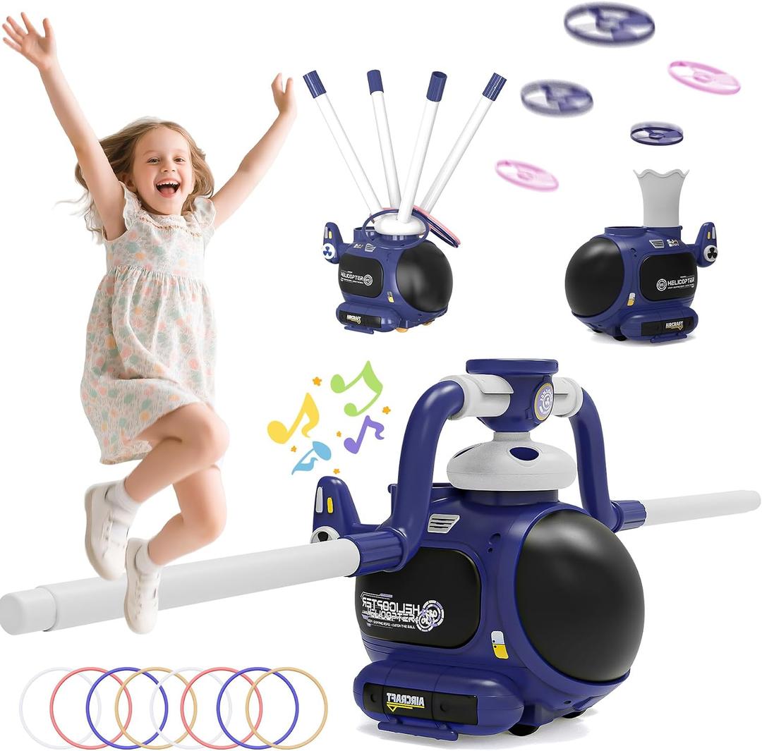 4-in-1 Kids Outdoor Game Toy, Auto Disc Launcher, Jump Dodge & Ring Toss, Interactive Sports Play for Boys & Girls (Blue)