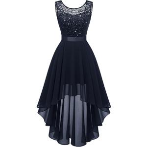 BeryLove Cocktail Prom Dresses 2025 Formal Wedding Guest Dresses Sleeveless Lace High Low Homecoming Dress (Small, Navy Sequin)