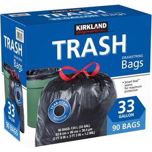 Kirkland Signature Carton is 100% recyclable 33 Gallon Black Drawstring Trash Bag 90 Count,Tear-Stop Technology