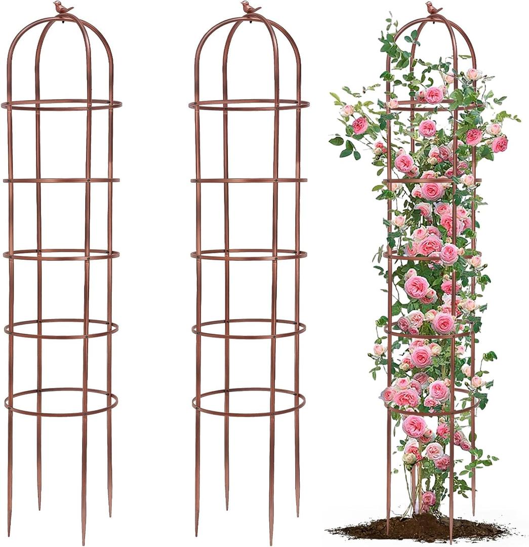 2 Pack 7Ft Heavy Duty Metal Garden Obelisk Trellis for Climbing Plants, Rust-Resistant Steel Vine Support Bird Finial for Rose Clematis, Potted Flowers Stand Indoor Outdoor Decor (Rose Gold), 2 PCS