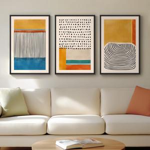 Framed Colorful Abstract Wall Art for Living Room, 3 Piece Mid-century Modern Canvas Prints Paintings Artwork for Walls, Bright Yellow Block Lines Pictures for Hallway Dining Bedroom Wall Decor -16x24