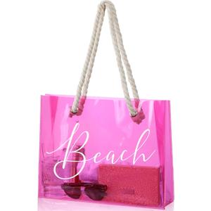Sweetude Clear Beach Tote Bag Transparent Plastic PVC Women's Large Tote Waterproof Stadium Bags for Girl Summer Pool Party(Pink)