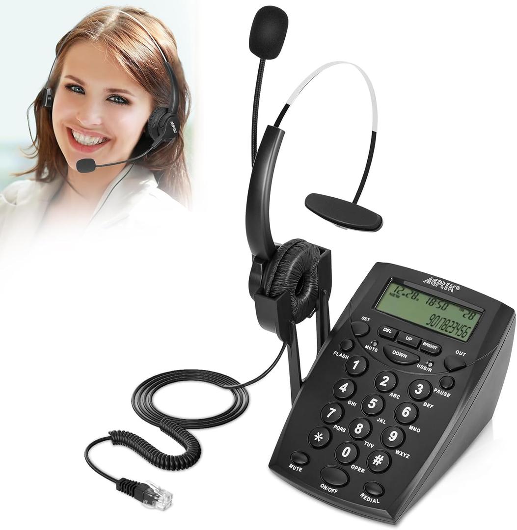 AGPtek Call Center Dialpad Headset Telephone with Tone Dial Key Pad & REDIAL (Black)