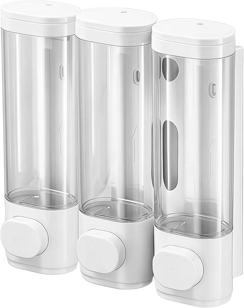 Wall Mounted Dispenser, Shower 3 Chamber No Drill, Abs White, Tanks Transparent, Bathroom Organizer Space-Saving