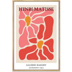 Qizee Matisse Framed Prints Funky Abstract Minimalist Flower Wall Art Prints for Bathroom Wall Decor Living Room Decorations 12"x16" Natural Framed