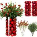 Giegxin 58 Pcs Christmas Norfolk Pine Stems with Small Pinecones and Red Berries Branches Red Christmas Balls for DIY Home, Wreath Garland Xmas for Indoor/Outdoor Floral Arrangements