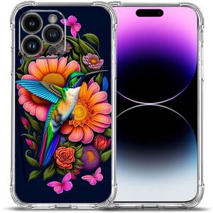 Case for iPhone 14 Pro, Hummingbird Butterfly Flowers Drop Protection Shockproof Case TPU Full Body Protective Scratch-Resistant Cover for iPhone 14 Pro