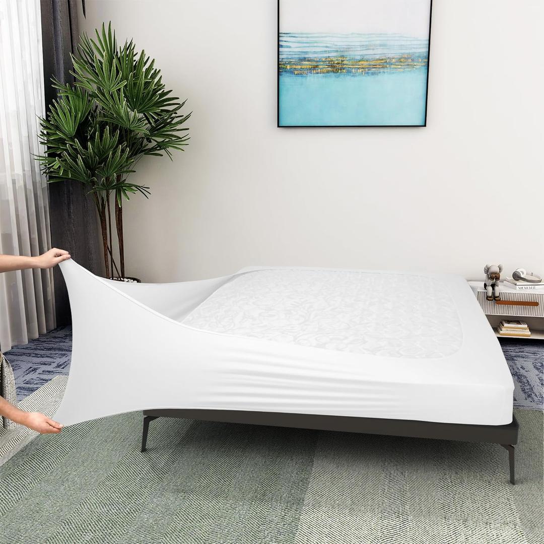 Box Spring Cover King/Cal King Size - Jersey Knit & Stretchy Wrap Around 4 Sides Bed Skirt for Hotel & Home, White