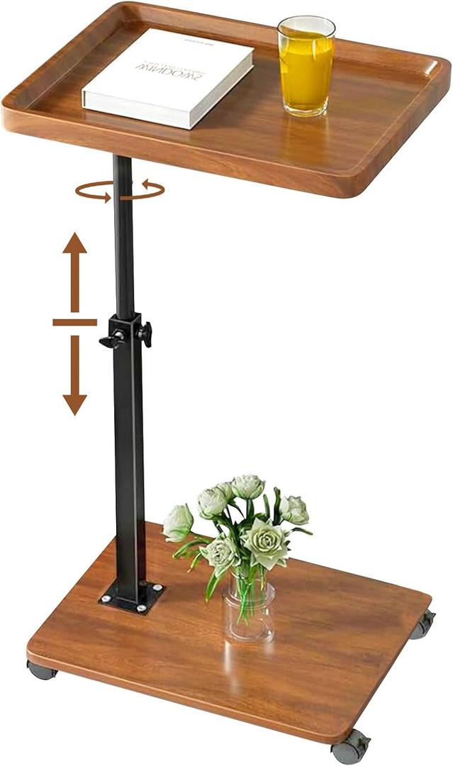 Adjustable C Shaped Side Table, C Table End Table with Wheels for Sofa, 360 Swivel Sofa Table for Livingroom,Bedroom,Study and Small Spaces,Bedside Table (Rectangle,Original Wood)