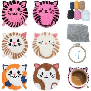 57lilina Punch Needle Coaster Kit for Adults Beginners Kids, 6 Set Complete Animal Cat Punch Needle Stitching Embroidery Art Kit, Step-by-Step Guide Make Punch Needling Drink Coasters for Starter