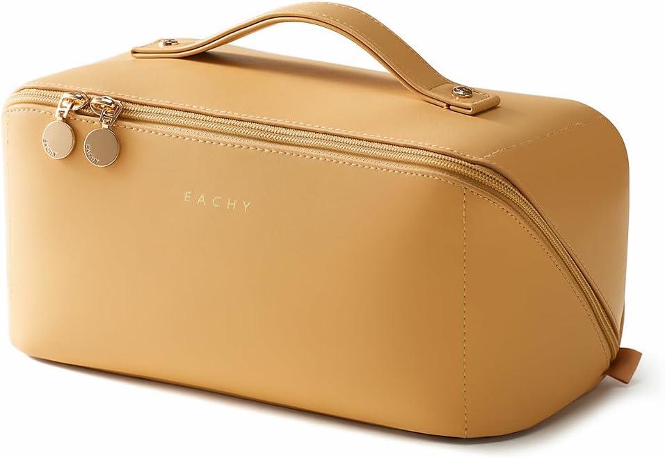 EACHY Travel Makeup Bag, Large Capacity Cosmetic Bag for Women, Waterproof PU Leather, Flat Open Portable Toiletry Bag for Skincare, Brushes & Travel Essentials