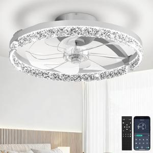 Ceiling Fans with Lights and Remote Low Profile Flush Mount LED Ceiling Fan with Lights 3000K-6500K Dimmable Foldable Fandelier Light 6 Wind Speeds Night Light for Bedroom Living Room White