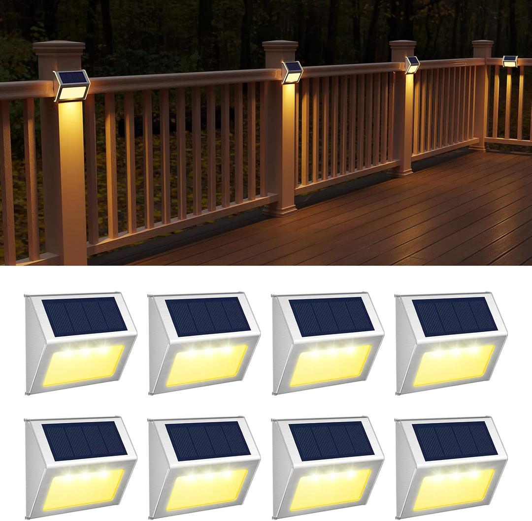 JSOT Solar Lights Outdoor for Deck, Waterproof Solar Powered Steps Light Outdoor Wireless LED Lamp Fence Lighting Walkway Patio Stair Garden Path Rail Backyard Fences Post 8 Pack Warm White
