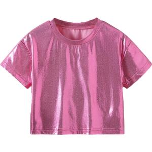 Verdusa Girl's Metallic Crop Tee Top Short Sleeve Round Neck Neon Shirts Party Costume Concert Outfits (4T)