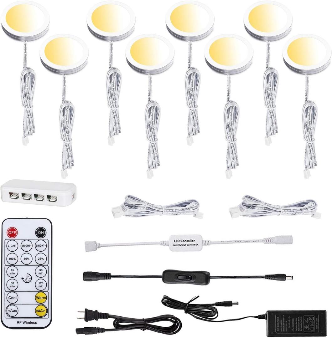 AIBOO LED Under Cabinet Puck Lights CCT Light Color Temperature Adjustable Warm+White Double Color with Dimmable RF Remote Controller for Kitchen Shelf Ambiance Display Lighting (8 Lights, 24W)
