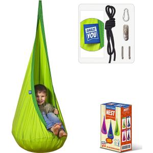 Kids Swing Hammock Pod Chair - Child's Rope Hanging Sensory Seat Nest Indoor Outdoor Use Inflatable Pillow - Great Children, All Accessories Included (Green)