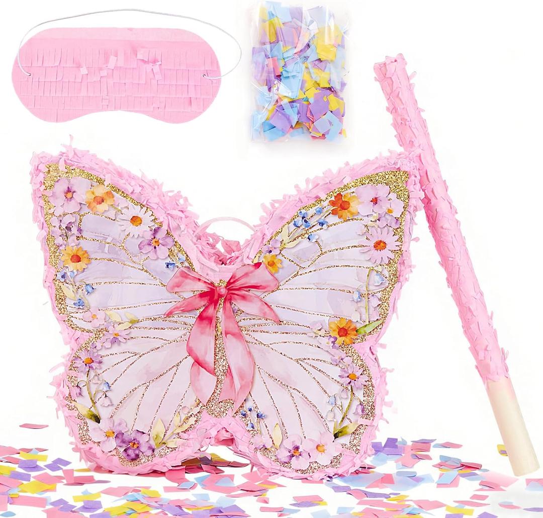 Butterfly Party Decorations Set with Bat and Blindfold, 14 x 12 in Pink Butterfly Birthday Piata with Bow and Wildflower Print, Girls Birthday Party Decorations