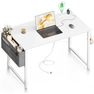ODK Computer Desk - 40 Inch Office Writing Desk for Home, Student Study Desk with Storage Bag, Headphone Hook & Power Outlets, Modern Simple Table for Bedroom, White