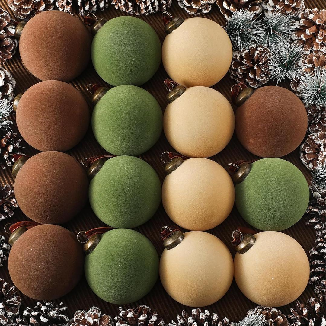 Liliful 15 Pcs Velvet Christmas Balls Bulk Flocked Christmas Tree Ball Ornaments Plastic Xmas Decorative Hanging Ornaments(Brown, Green, Beige,3.15 Inch)