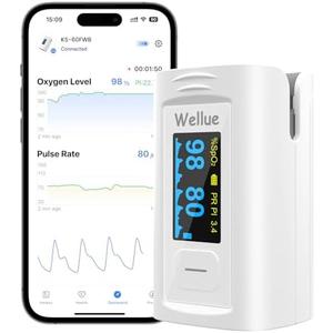 Wellue Bluetooth Pulse Oximeter Fingertip, Blood Oxygen Saturation Monitor with Built-in Memory, OLED Screen, Batteries, Free APP, Carry Bag & Lanyard