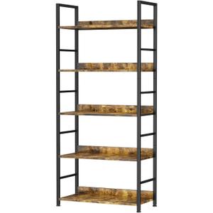 Book Shelf, 5 Tier Solid Wood Bookcase, Industrial Tall Corner Bookshelves Storage Organizer, Modern Display Standing Storage Shelves for Home Office, Living Room, Bedroom, Rustic Brown