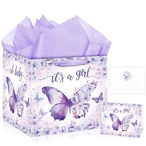 Extra Large Butterfly Baby Girl Gift Bag Square Jumbo Butterfly Baby Shower Bag for Girls with Wrapping Paper Card Sticker Envelope, Purple Floral Oversized Gift Bag for Baby Girl Party Favors Gifts